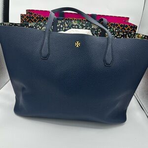 Tory Burch Blue Leather Tote Bag with Gold Logo